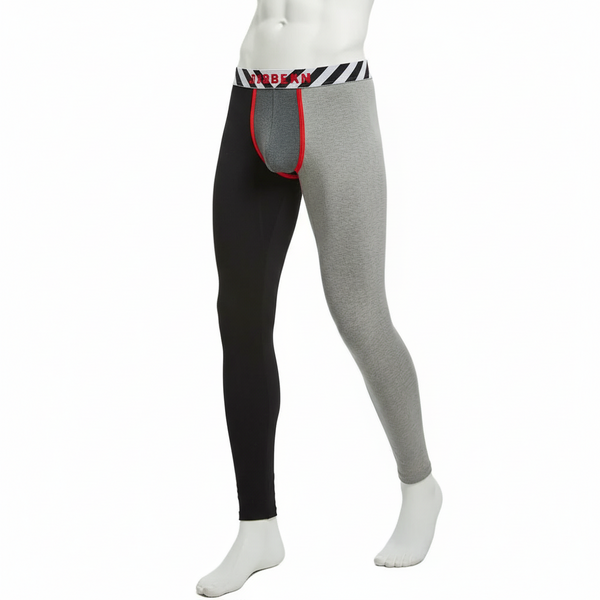 Front view of a mannequin wearing black-and-gray thermal long johns with red trim