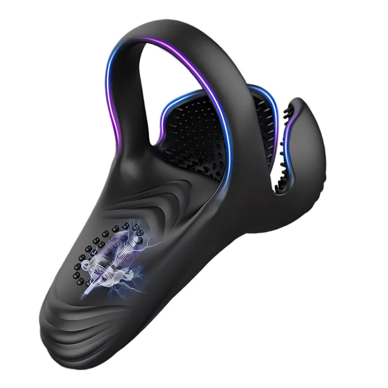 Black silicone vibrating chastity cage with blue and purple accents and internal textured sleeve