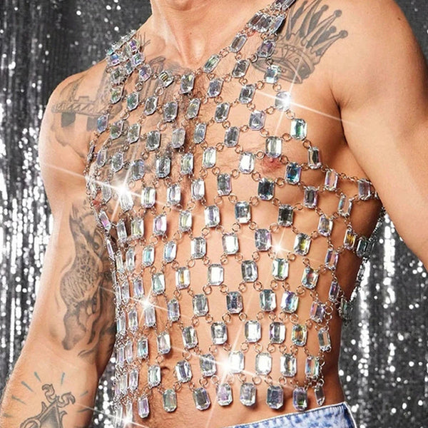 Close-up of a model wearing a sparkling rectangular-crystal chain top over bare skin