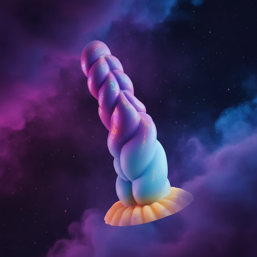 Twisted purple-and-blue alien dildo with a peach-orange flared base, shown diagonally