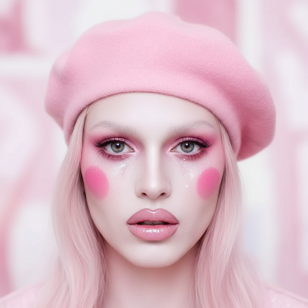 Close-up of a model wearing a soft pink beret with pastel pink makeup