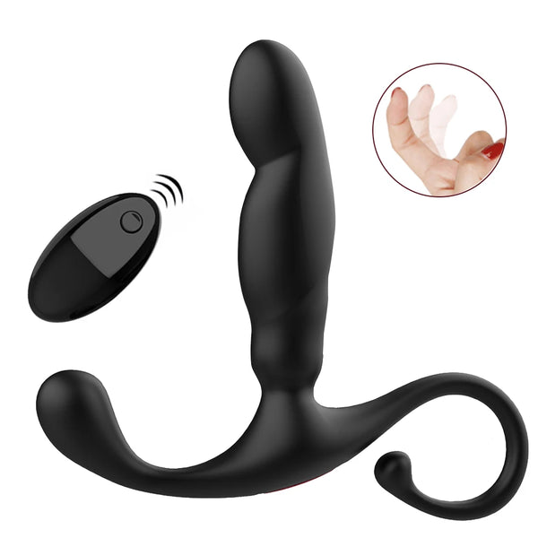 Black contoured prostate stimulator with remote control and curved external arms