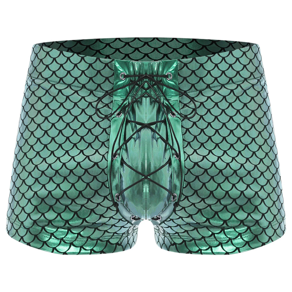 Green mermaid-scale boxers with a metallic lace-up front panel