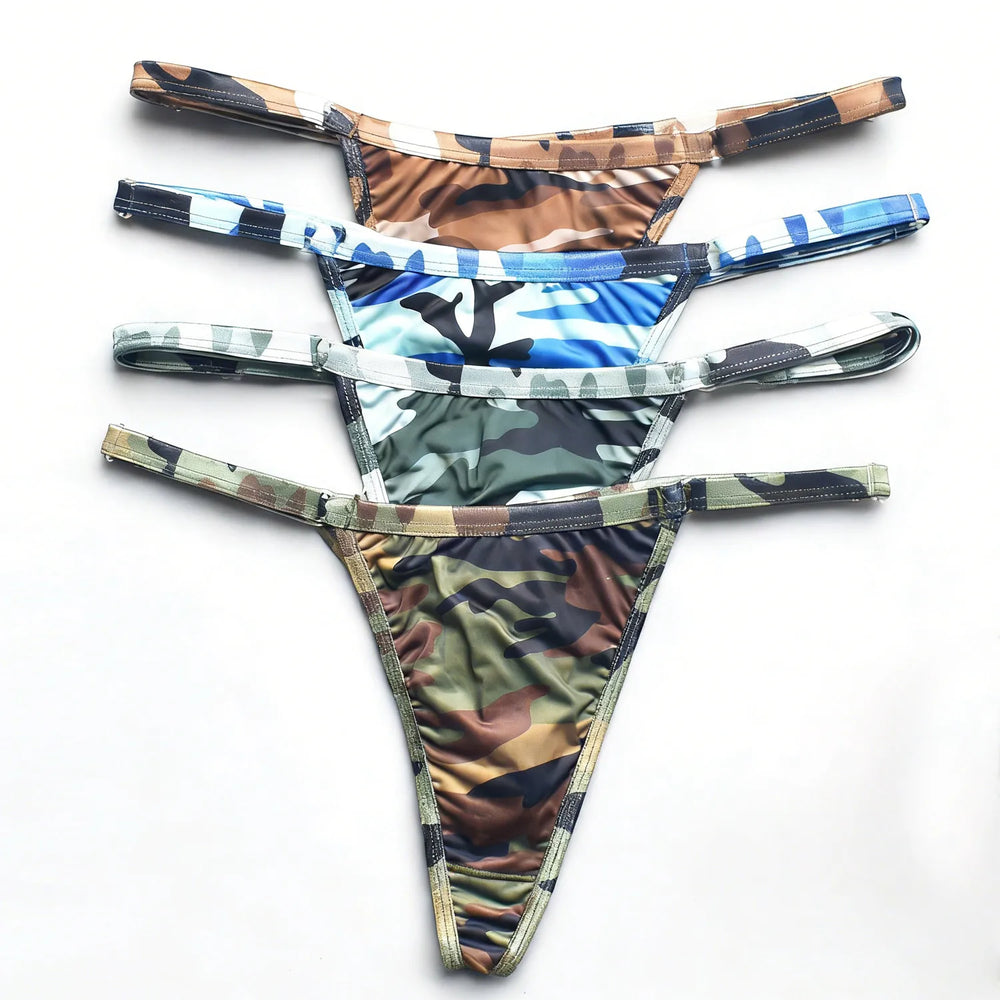 Flat lay of three camouflage-print low-rise thongs in brown, blue, and green colorways