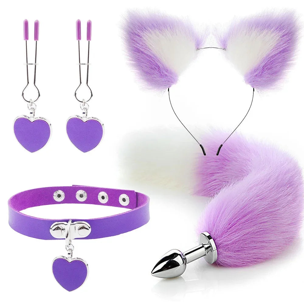Purple cat-themed adult play set with tail plug, ear headband, choker, and heart clamps