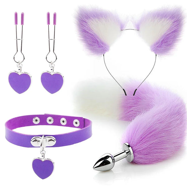 Purple cat-themed adult play set with tail plug, ear headband, choker, and heart clamps