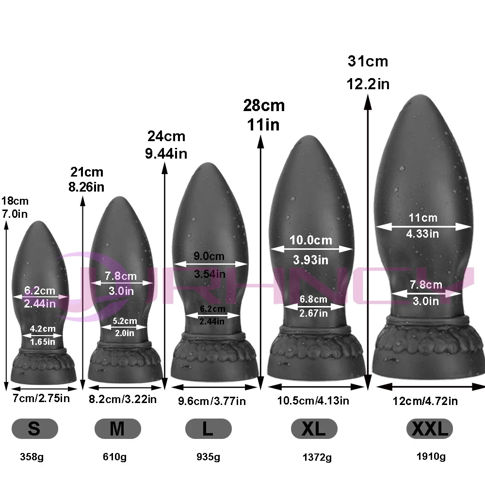 Size chart comparing five black silicone butt plugs from S through XXL