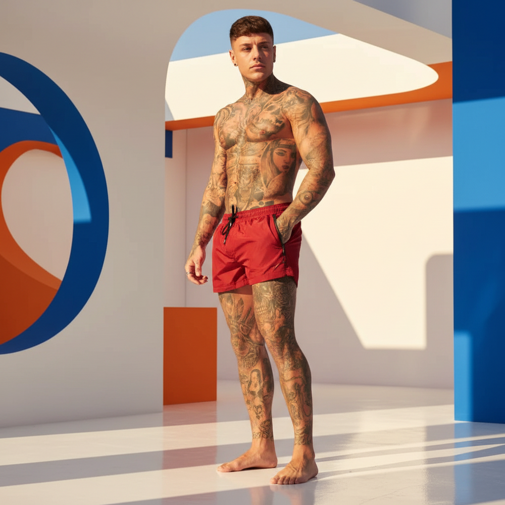 Red men's shorts with zip pockets and drawstring, worn by a tattooed model
