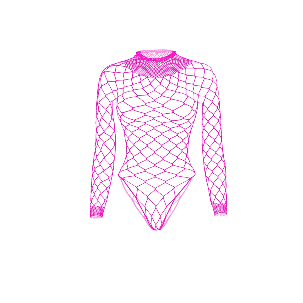 Pink long-sleeve fishnet bodysuit with high neck and brief-cut bottom