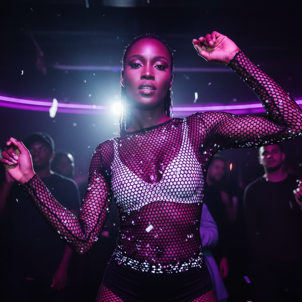 Model dancing in a long-sleeve black fishnet top with a shimmering bra-like panel