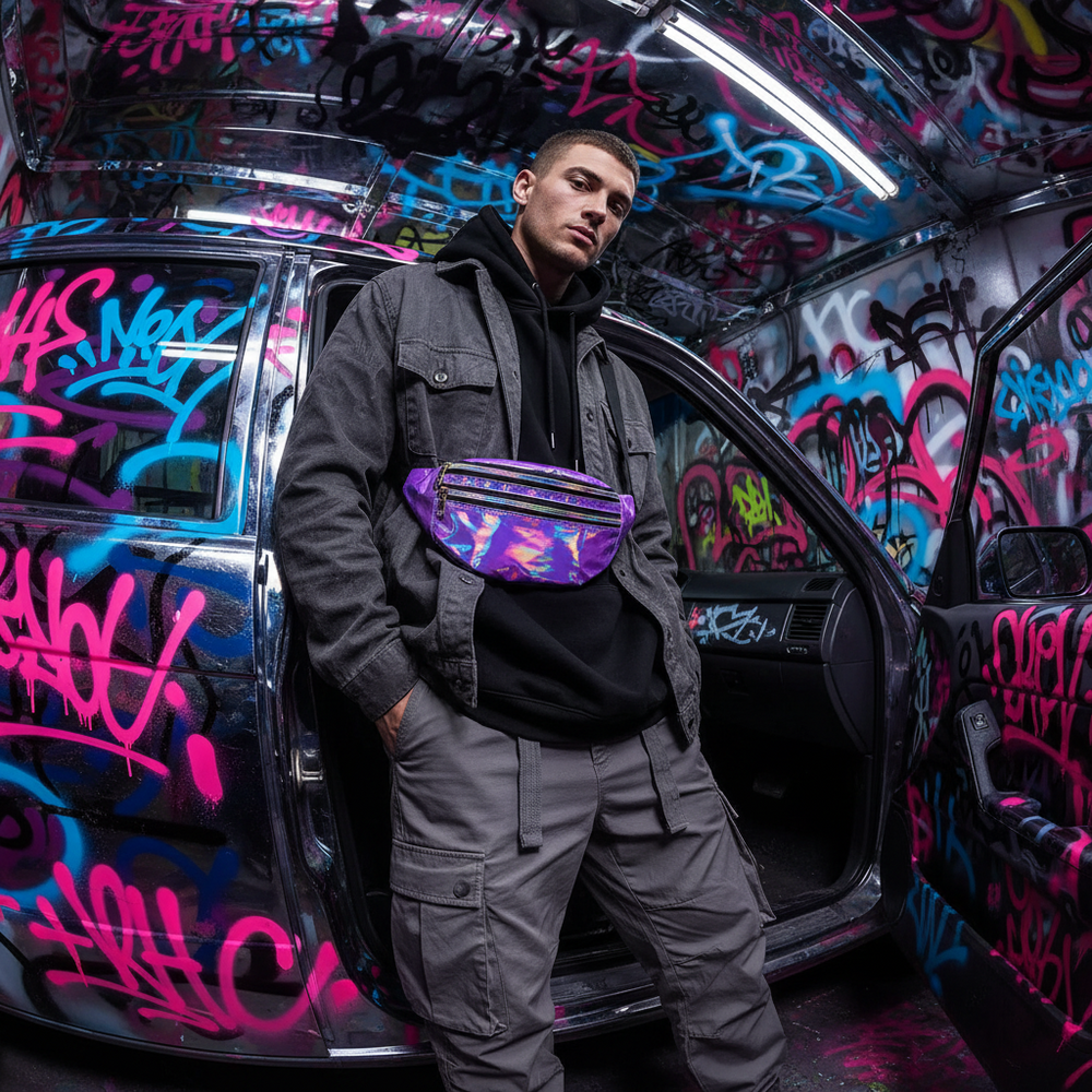 Holographic fanny pack worn across the waist by a model beside a graffiti-covered car