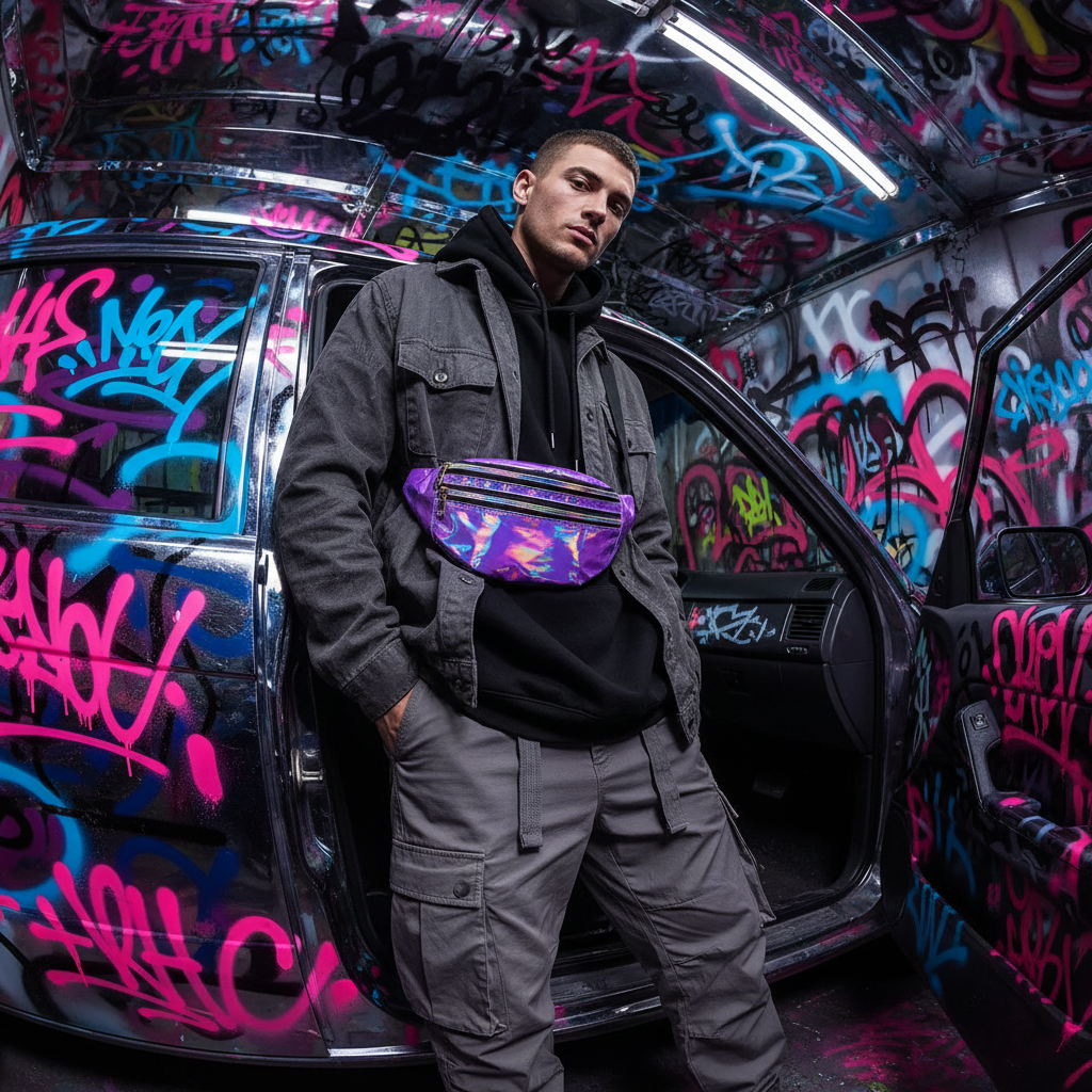 Holographic fanny pack worn across the waist by a model beside a graffiti-covered car