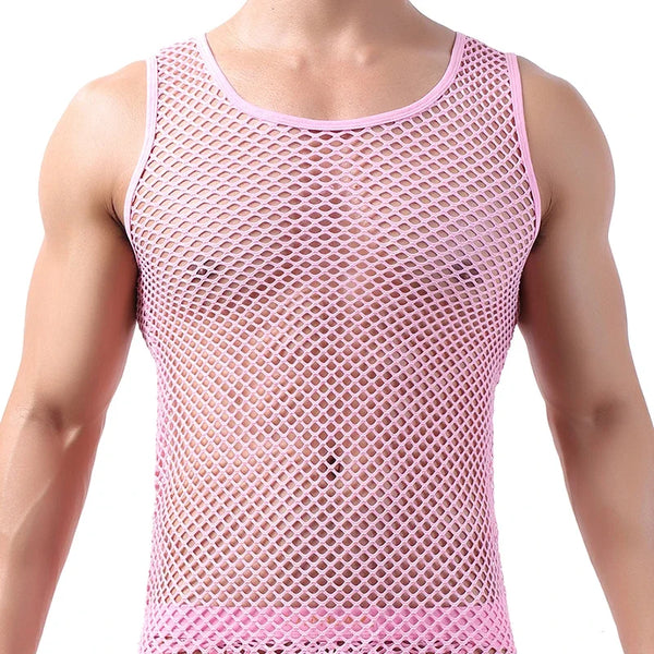 Close-up of a model wearing a pink mesh tank top with a scoop neck