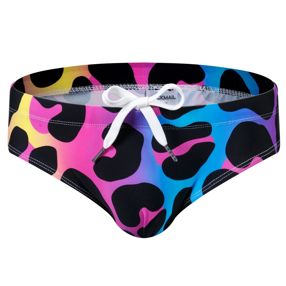Front view of colorful leopard-print swim briefs with a white drawstring
