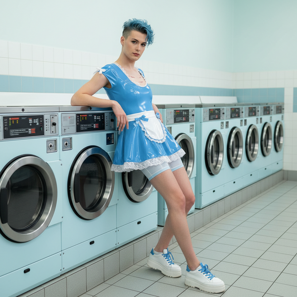 Model wearing a blue wet-look PVC maid costume with white lace trim in a laundromat