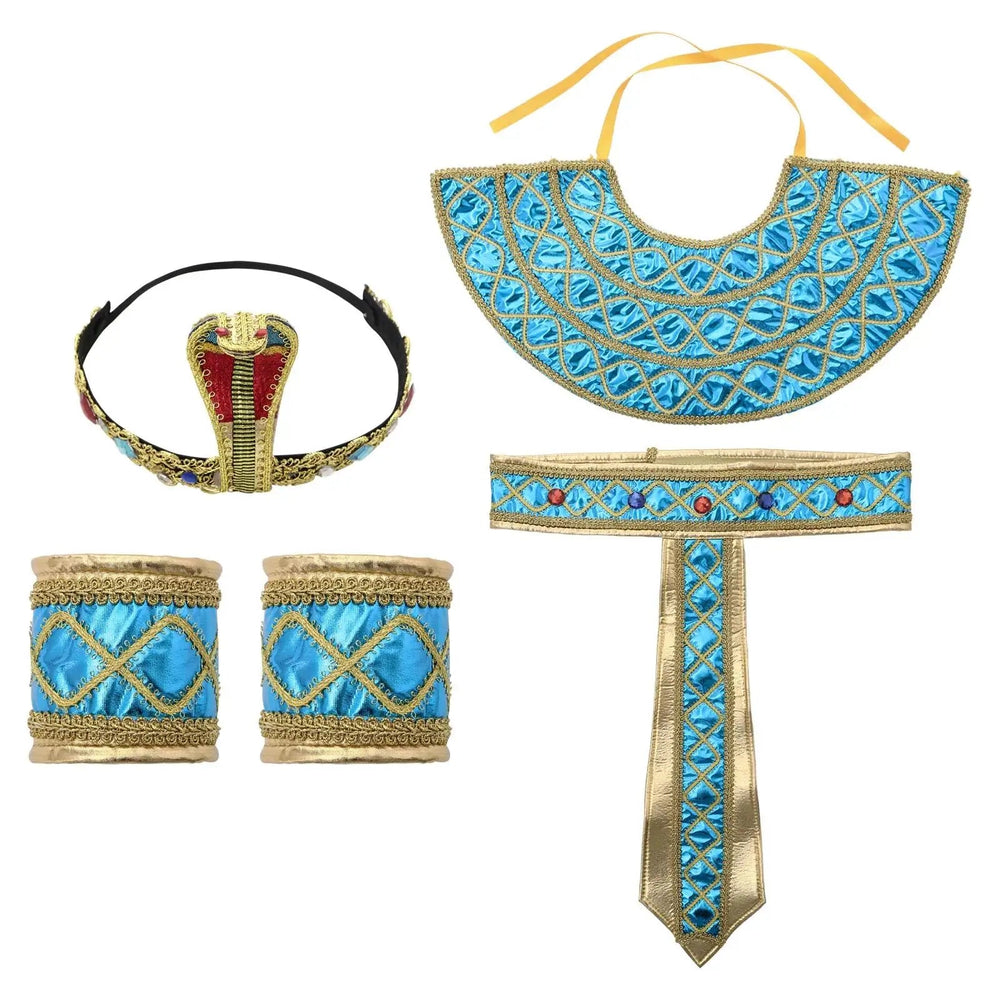 Flat lay of a blue and gold ancient Egyptian costume with collar, headdress, wrist cuffs and tie
