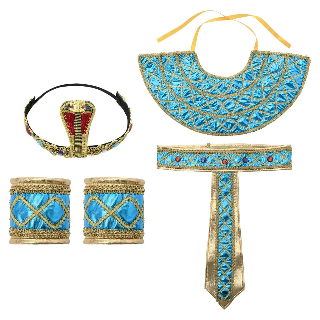 Flat lay of a blue and gold ancient Egyptian costume with collar, headdress, wrist cuffs and tie