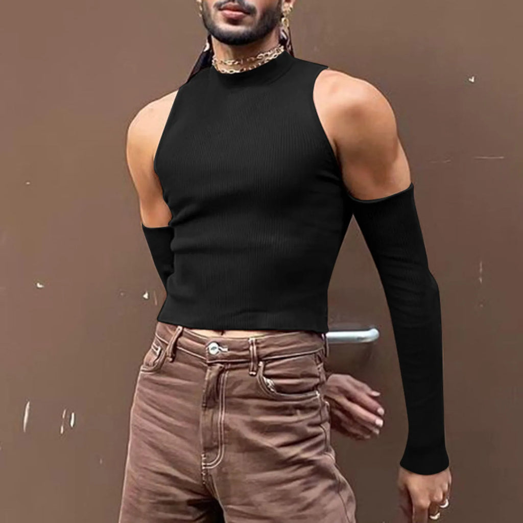 Model wearing a black ribbed sleeveless mock-neck crop top with detached long sleeves