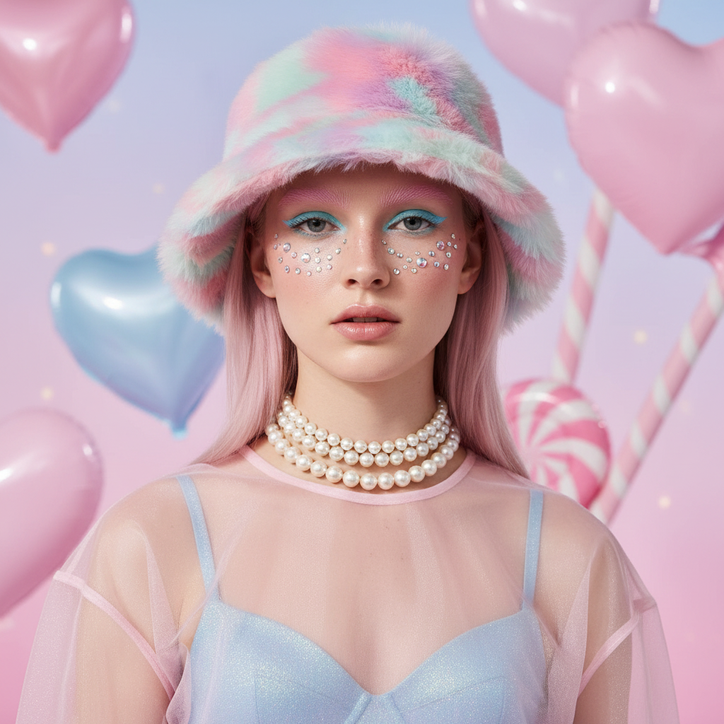 Pastel pink and mint fluffy bucket hat worn with rhinestone face gems