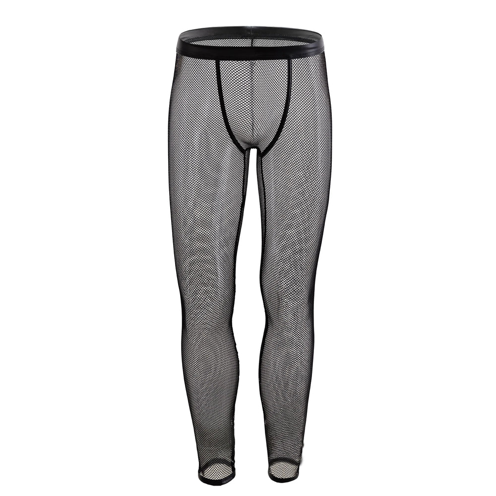 Front view of black sheer mesh pants with a wide waistband and fitted legs