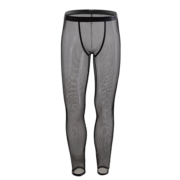 Front view of black sheer mesh pants with a wide waistband and fitted legs