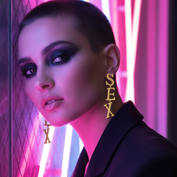 Gold dangling SEX earrings worn by a model in purple and pink neon light