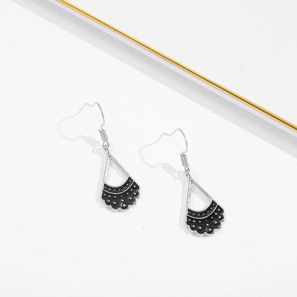 Black scalloped fan drop earrings with silver-tone hooks and studded detailing
