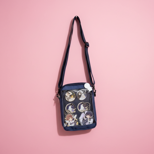 Transparent pin display crossbody bag with anime-style pins on a pink background