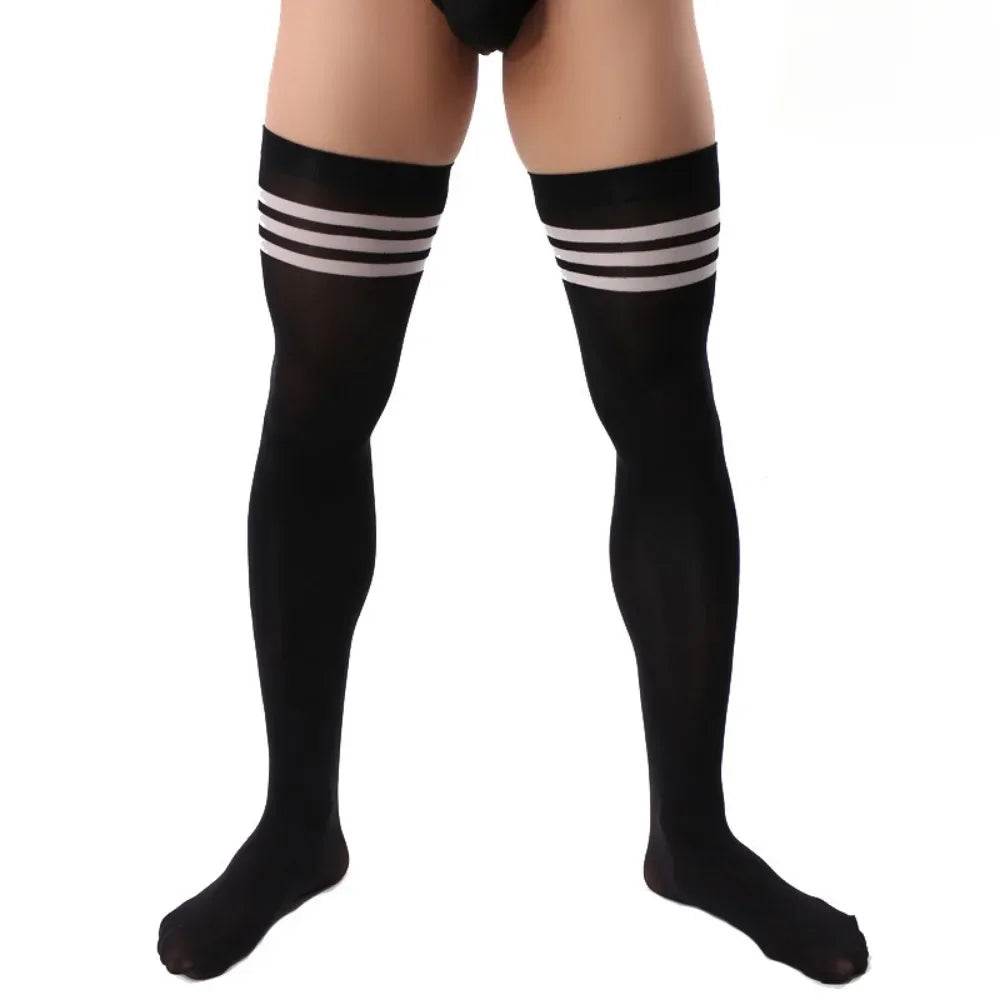 Model wearing black knee-high sports socks with three white stripes