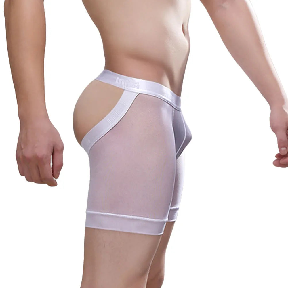 Side view of white sheer silk boxers with a backless cut and elastic waistband
