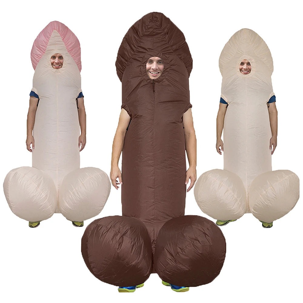 Inflatable penis costume shown worn in brown and beige color variations