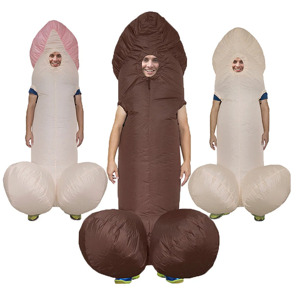 Inflatable penis costume shown worn in brown and beige color variations