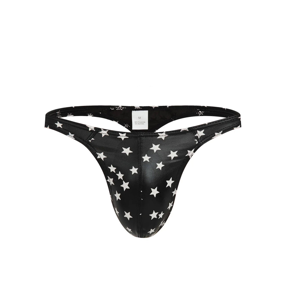 Black thong with white star print and narrow mesh waistband, front view