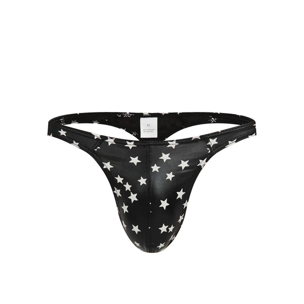 Black thong with white star print and narrow mesh waistband, front view