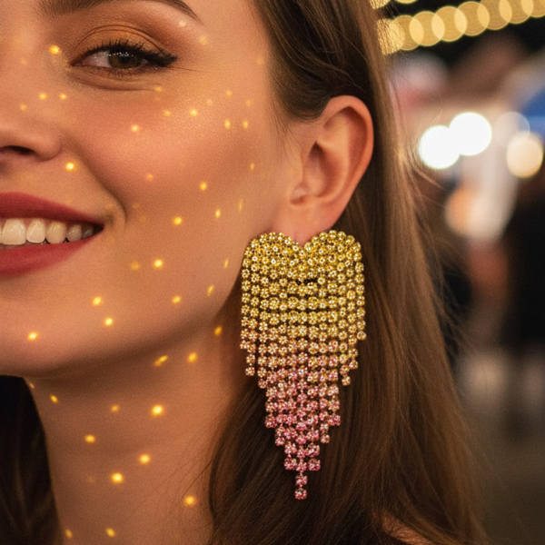 Close-up of a rhinestone melted-heart earring in gold and pink on a model
