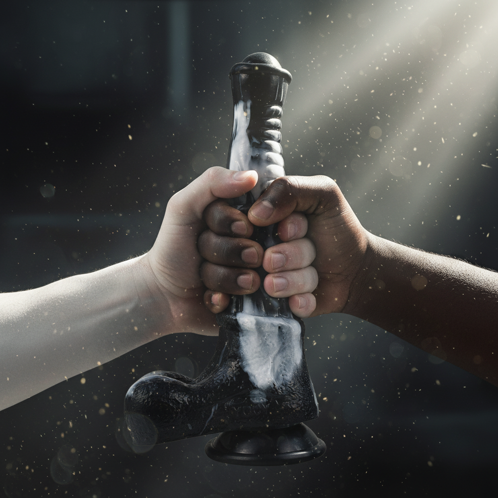 Two hands grip a glossy black realistic horse dildo with a suction base