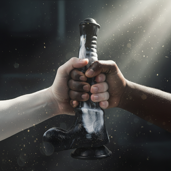 Two hands grip a glossy black realistic horse dildo with a suction base