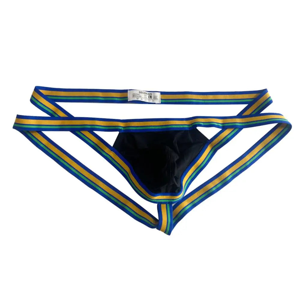 Striped jockstrap with blue, green, and yellow elastic straps, laid flat