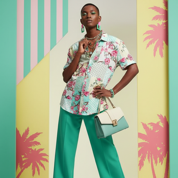 Model wearing a mint floral patchwork shirt with teal trousers and a two-tone handbag