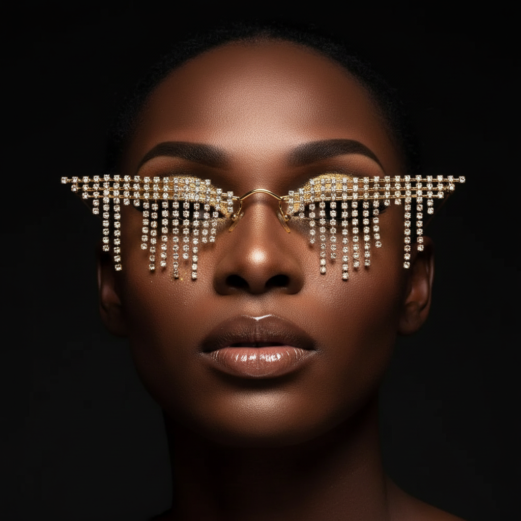 Model wearing gold rhinestone sunglasses with cascading crystal tassels