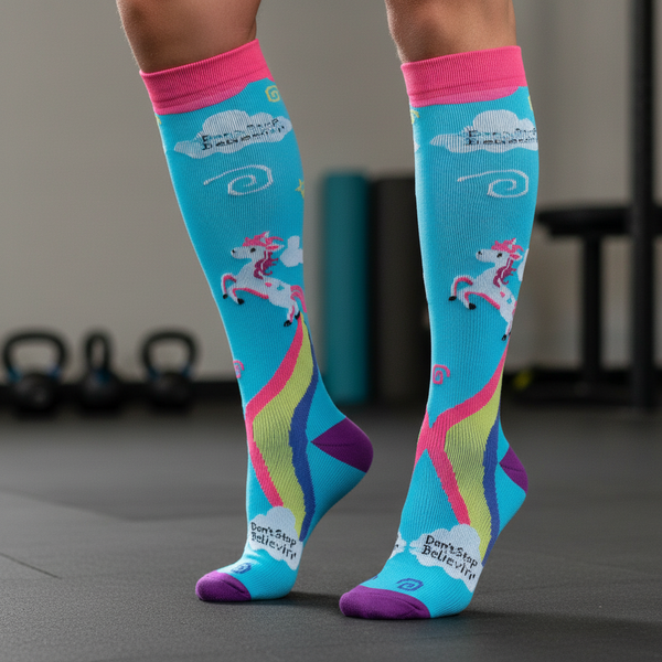 A person wearing knee-high rainbow compression socks with blue, pink trim, unicorns, rainbows