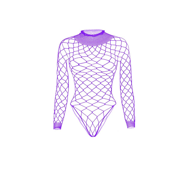 Purple fishnet long-sleeve bodysuit with high neck and high-cut bottom, shown flat on white