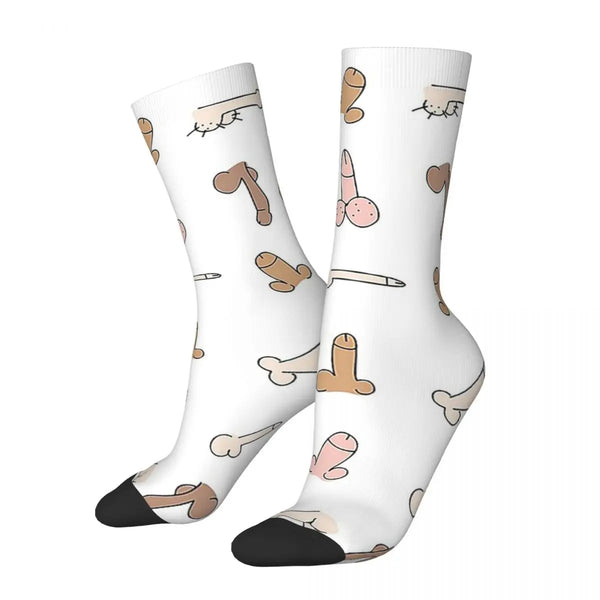 Pair of white crew socks covered in cartoon penises and black toes