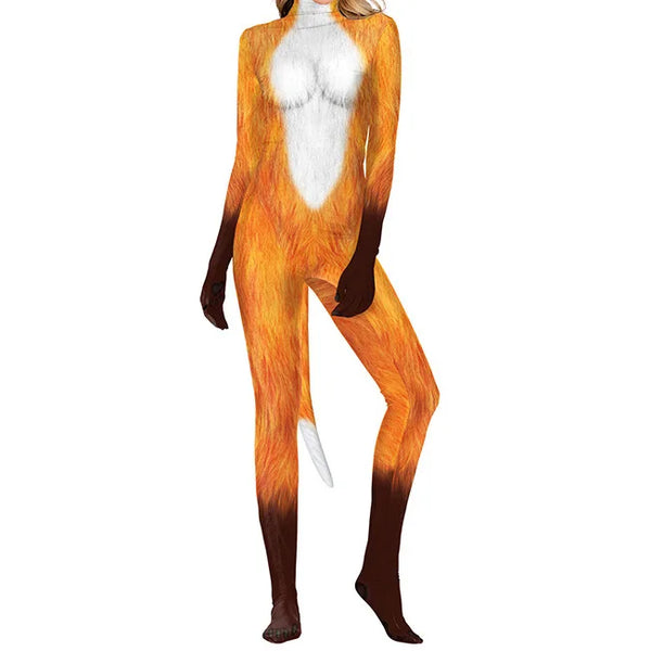 Front-view model wearing an orange fox-print bodysuit with white chest and tail
