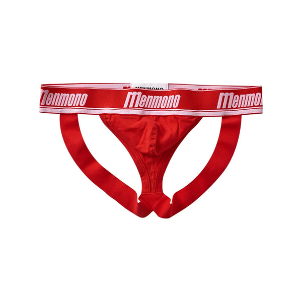 Front view of a red jockstrap with wide branded waistband and supportive pouch