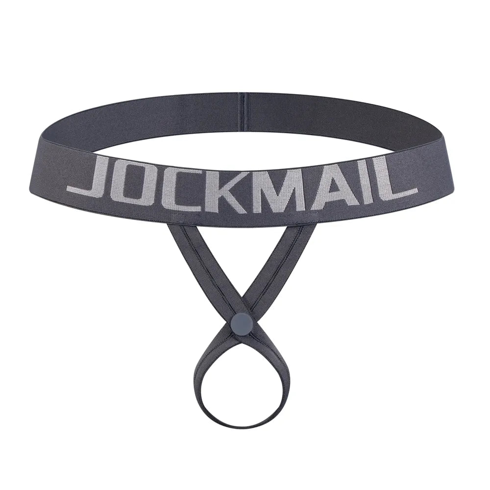 Front-facing black ringed thong with a wide JOCKMAIL logo waistband on white
