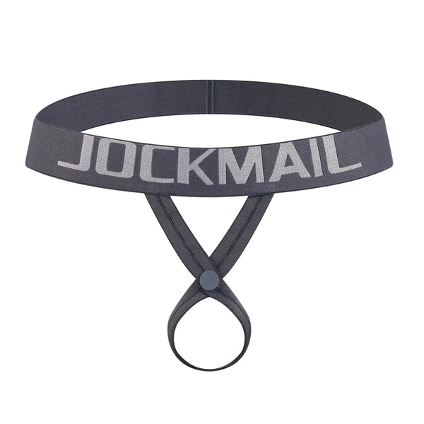 Front-facing black ringed thong with a wide JOCKMAIL logo waistband on white
