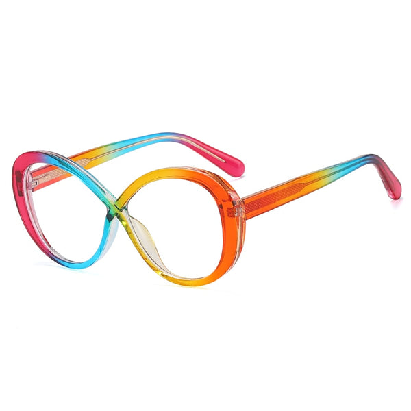 Close-up of oversized round sunglasses with translucent rainbow-colored frames on white