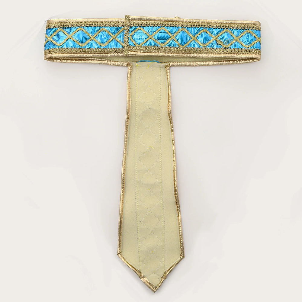 Ancient Egyptian costume collar and pointed tie with blue and gold trim, shown flat