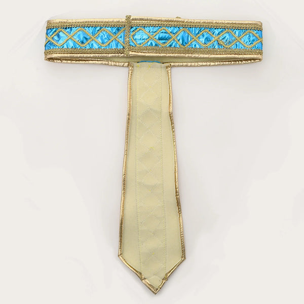 Ancient Egyptian costume collar and pointed tie with blue and gold trim, shown flat